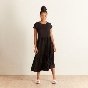 NATION LTD Roman Tiered T-Shirt Dress Washed Black Pima Cotton Midi